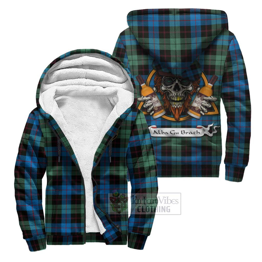 Tartan Vibes Clothing Guthrie Tartan Sherpa Hoodie with Family Crest and Bearded Skull Holding Bottles of Whiskey