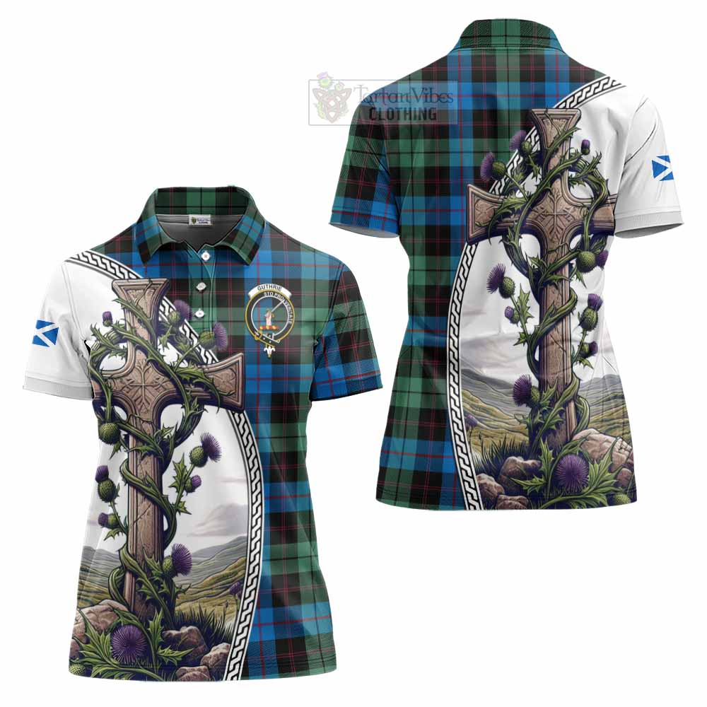 Tartan Vibes Clothing Guthrie Tartan Women's Polo Shirt with Family Crest and St. Andrew's Cross Accented by Thistle Vines