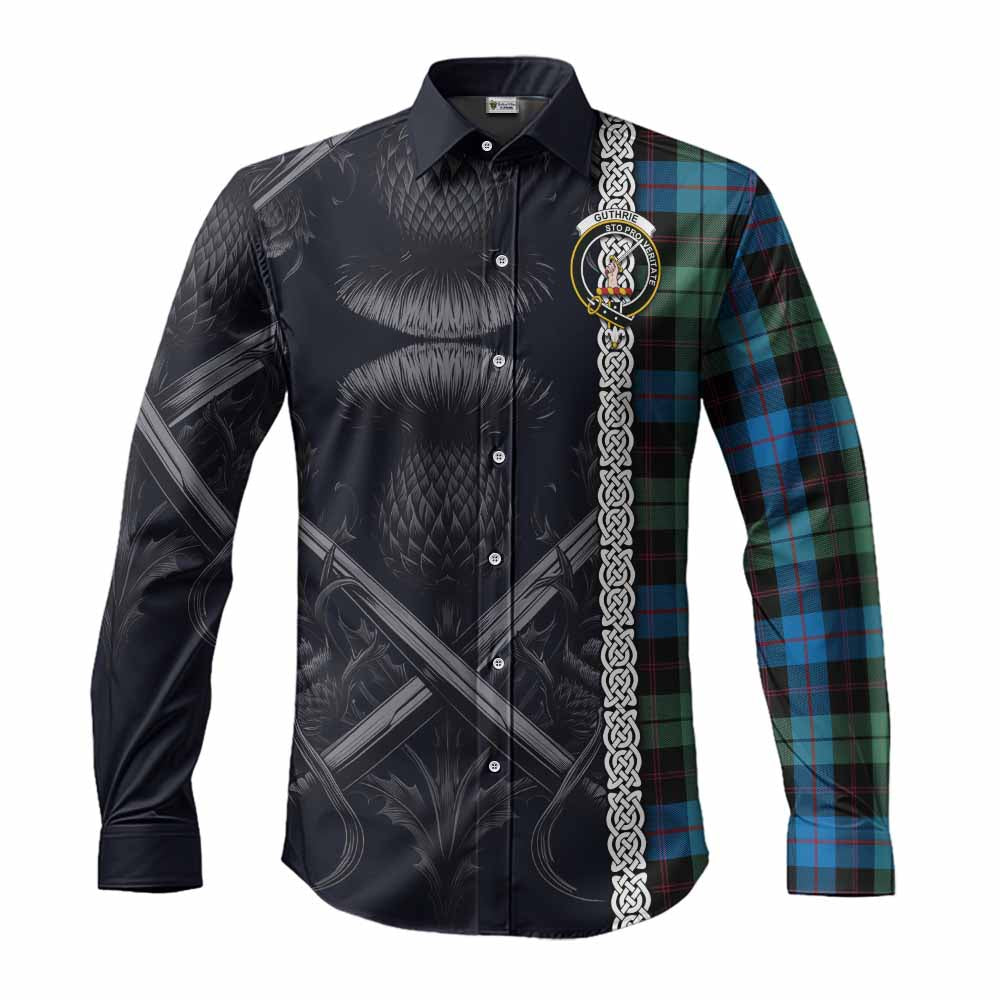 Tartan Vibes Clothing Guthrie Tartan Long Sleeve Button Shirt with Family Crest Cross Sword Thistle Celtic Vibes