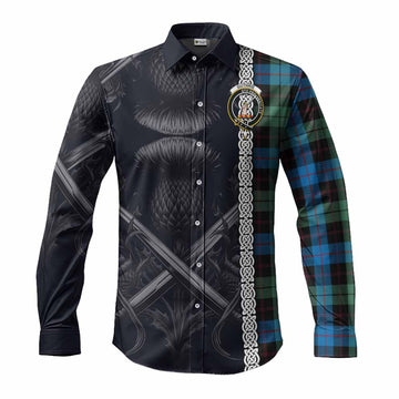 Guthrie Tartan Long Sleeve Button Shirt with Family Crest Cross Sword Thistle Celtic Vibes