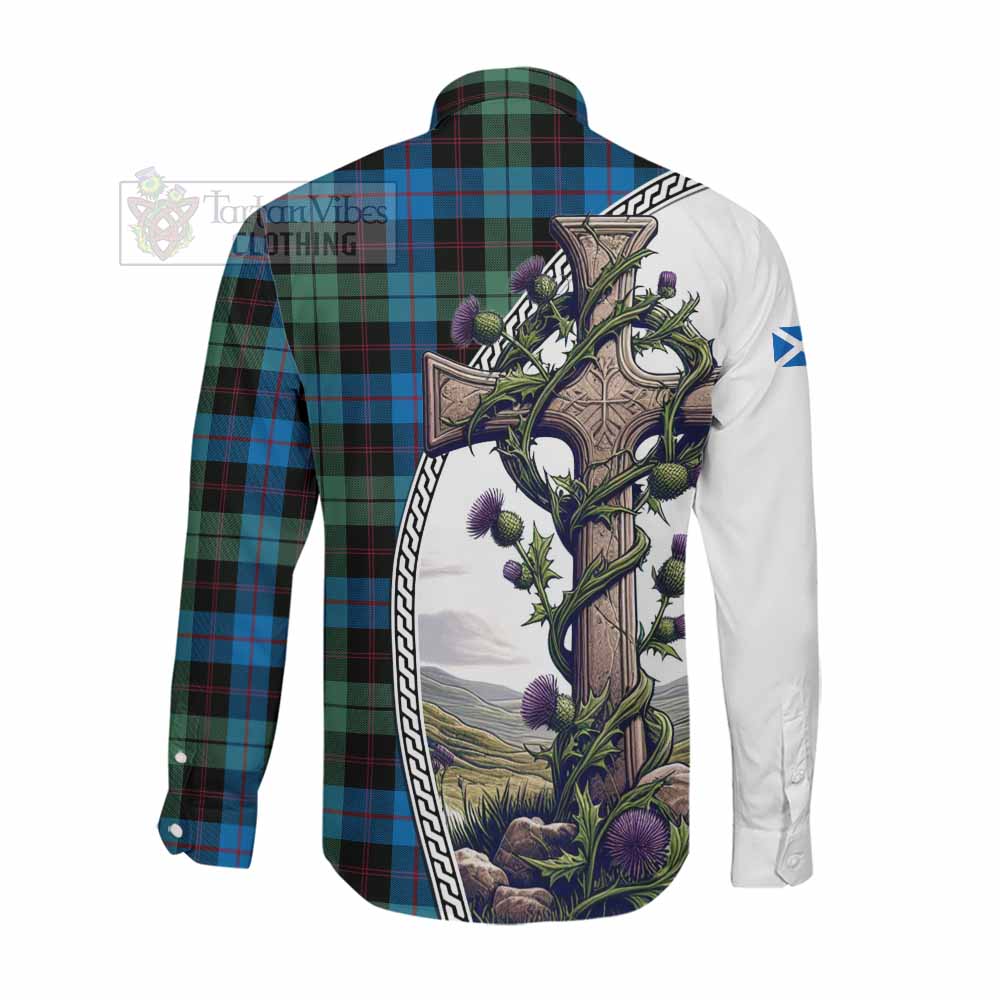 Tartan Vibes Clothing Guthrie Tartan Long Sleeve Button Shirt with Family Crest and St. Andrew's Cross Accented by Thistle Vines