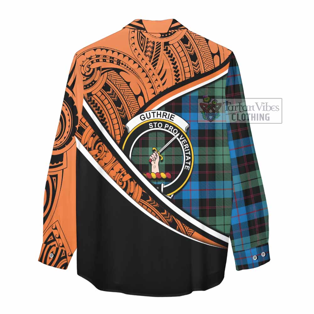 Tartan Vibes Clothing Guthrie Crest Tartan Women's Casual Shirt with Maori Tattoo Style - Orange Version