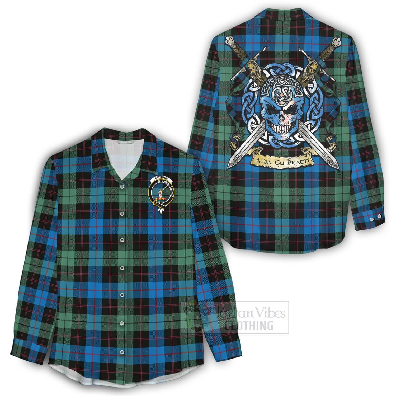 Tartan Vibes Clothing Guthrie Tartan Women's Casual Shirt with Family Crest Celtic Skull Style