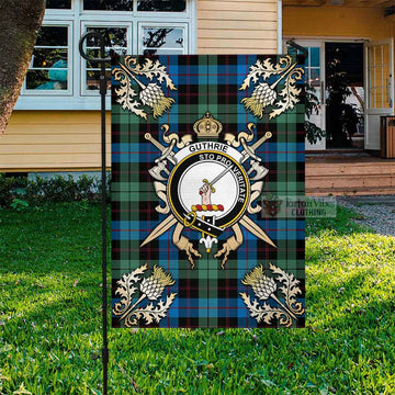 Guthrie Tartan Flag with Family Crest and Golden Thistle Crossed Sword Design