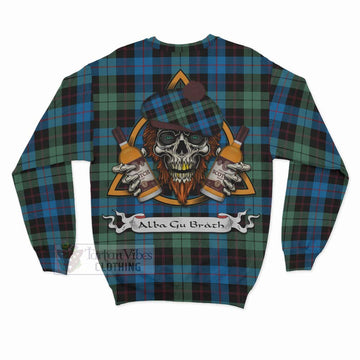 Guthrie Tartan Sweatshirt with Family Crest and Bearded Skull Holding Bottles of Whiskey