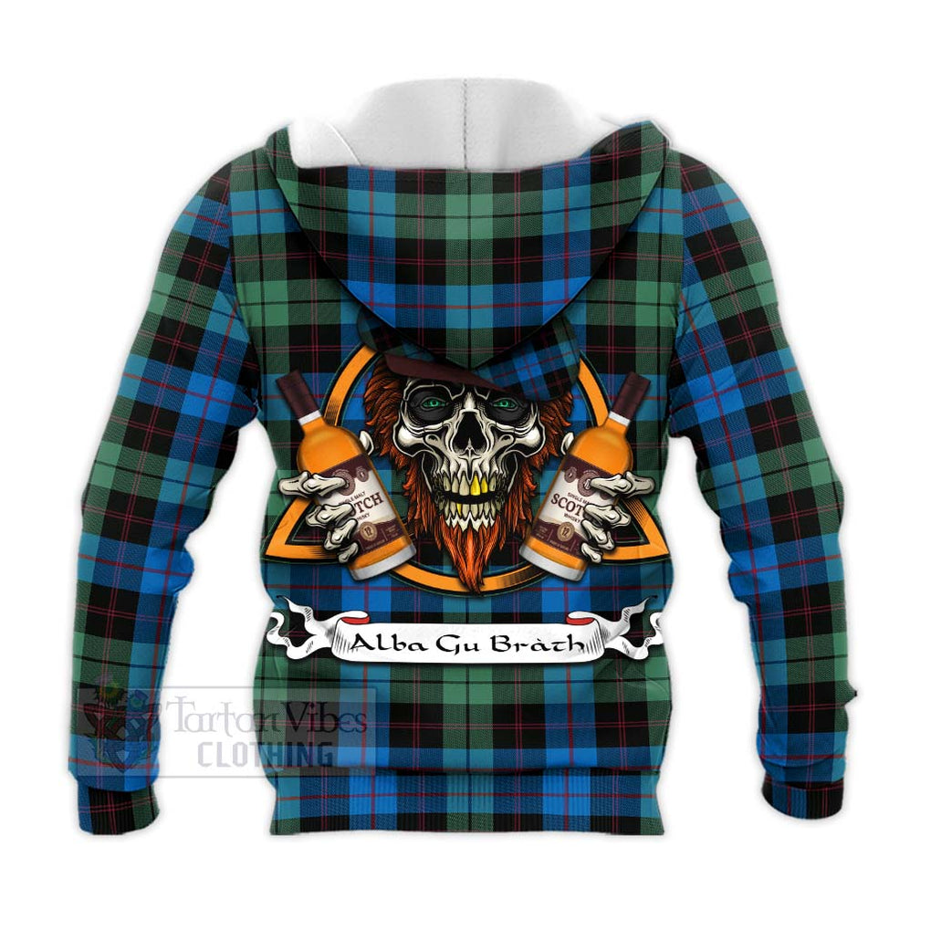 Tartan Vibes Clothing Guthrie Tartan Knitted Hoodie with Family Crest and Bearded Skull Holding Bottles of Whiskey