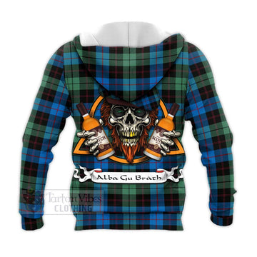 Guthrie Tartan Knitted Hoodie with Family Crest and Bearded Skull Holding Bottles of Whiskey