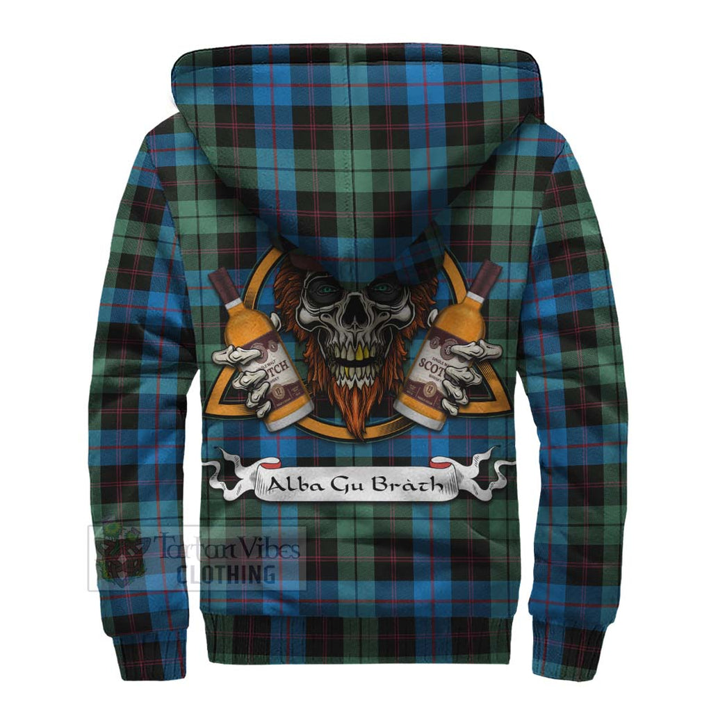 Tartan Vibes Clothing Guthrie Tartan Sherpa Hoodie with Family Crest and Bearded Skull Holding Bottles of Whiskey