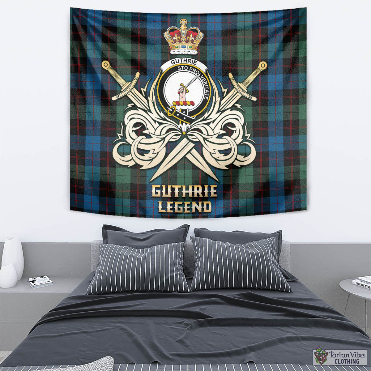 Tartan Vibes Clothing Guthrie Tartan Tapestry with Clan Crest and the Golden Sword of Courageous Legacy