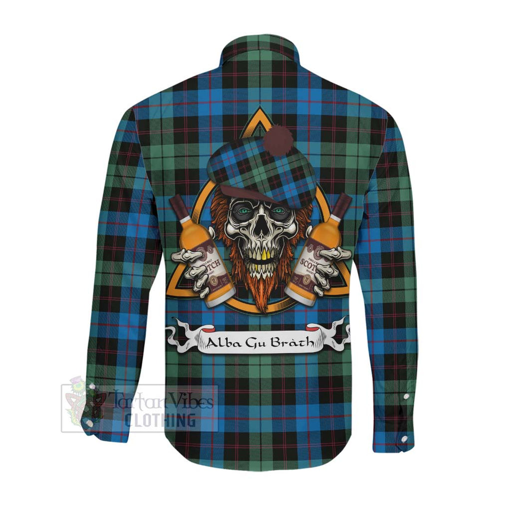 Tartan Vibes Clothing Guthrie Tartan Long Sleeve Button Shirt with Family Crest and Bearded Skull Holding Bottles of Whiskey