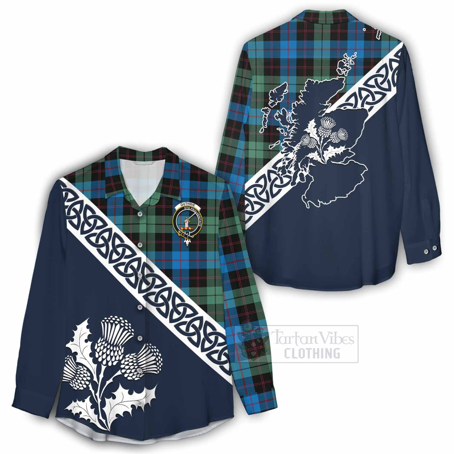 Tartan Vibes Clothing Guthrie Tartan Women's Casual Shirt Featuring Thistle and Scotland Map