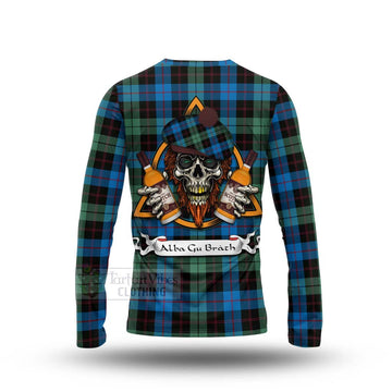 Guthrie Tartan Long Sleeve T-Shirt with Family Crest and Bearded Skull Holding Bottles of Whiskey - Tartan Vibes Clothing
