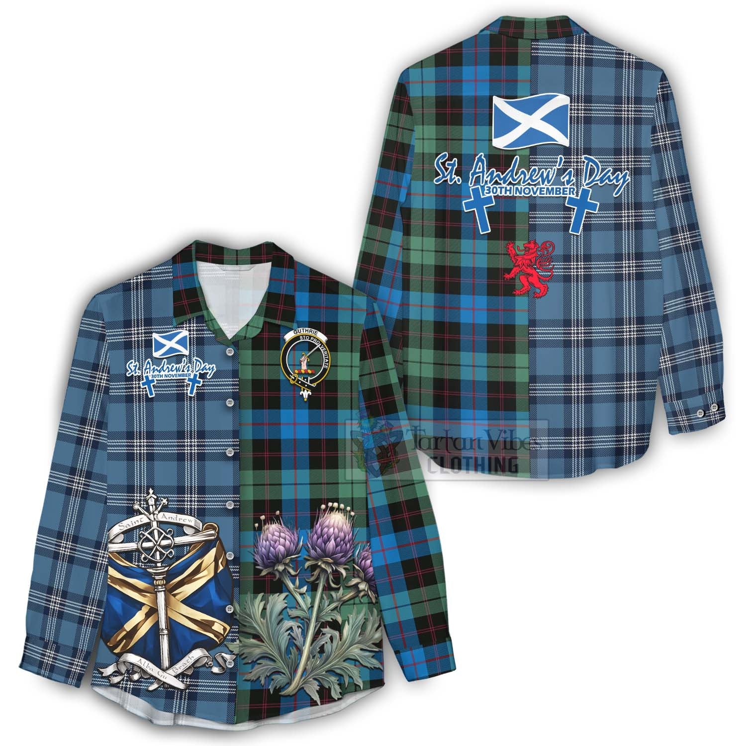 Tartan Vibes Clothing Guthrie Tartan Women's Casual Shirt Happy St. Andrew's Day Half Tartan Style