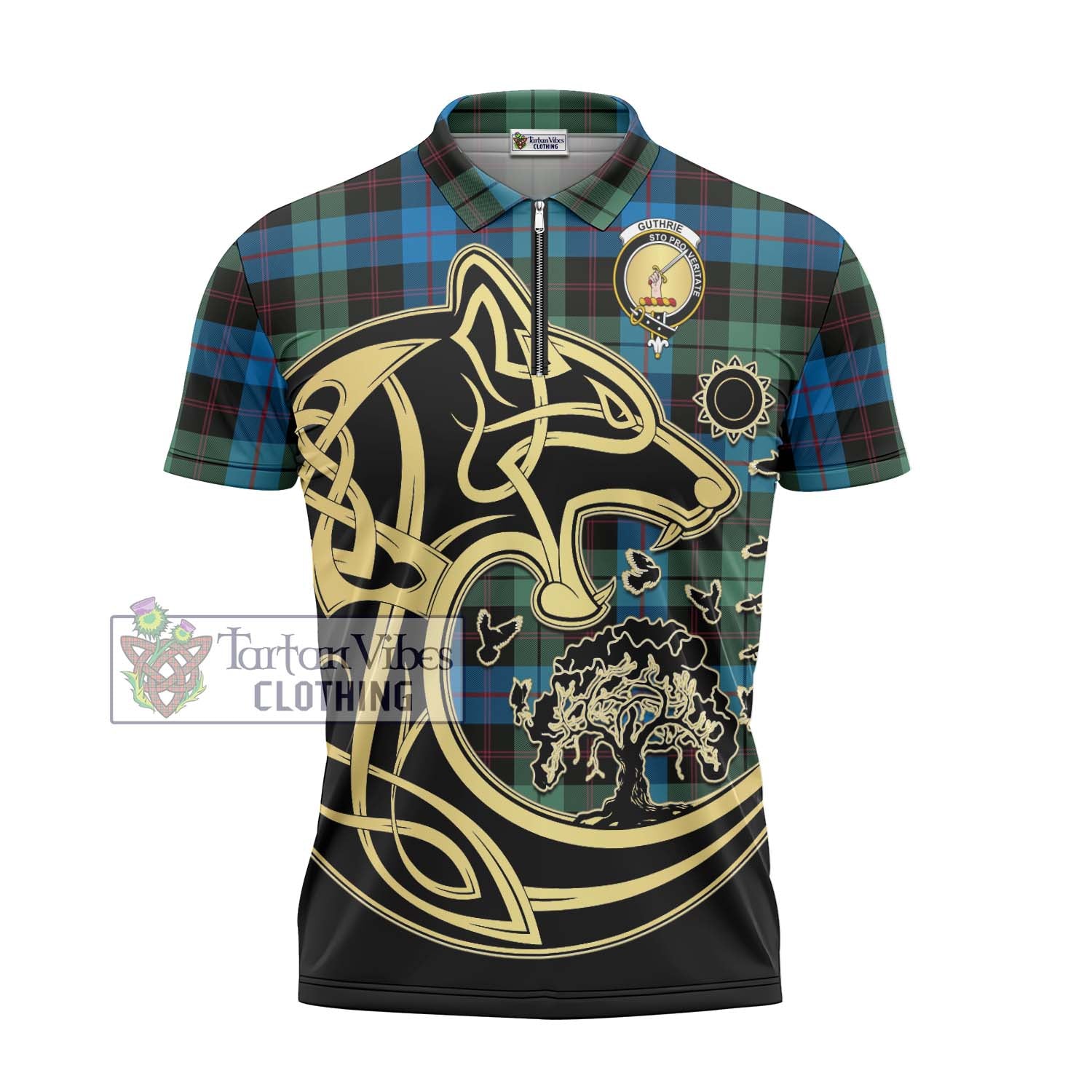 Tartan Vibes Clothing Guthrie Tartan Zipper Polo Shirt with Family Crest Celtic Wolf Style