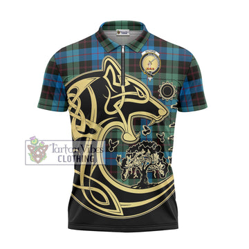 Guthrie Tartan Zipper Polo Shirt with Family Crest Celtic Wolf Style