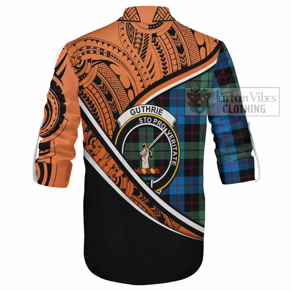 Tartan Vibes Clothing Guthrie Crest Tartan Ghillie Kilt Shirt with Maori Tattoo Style - Orange Version