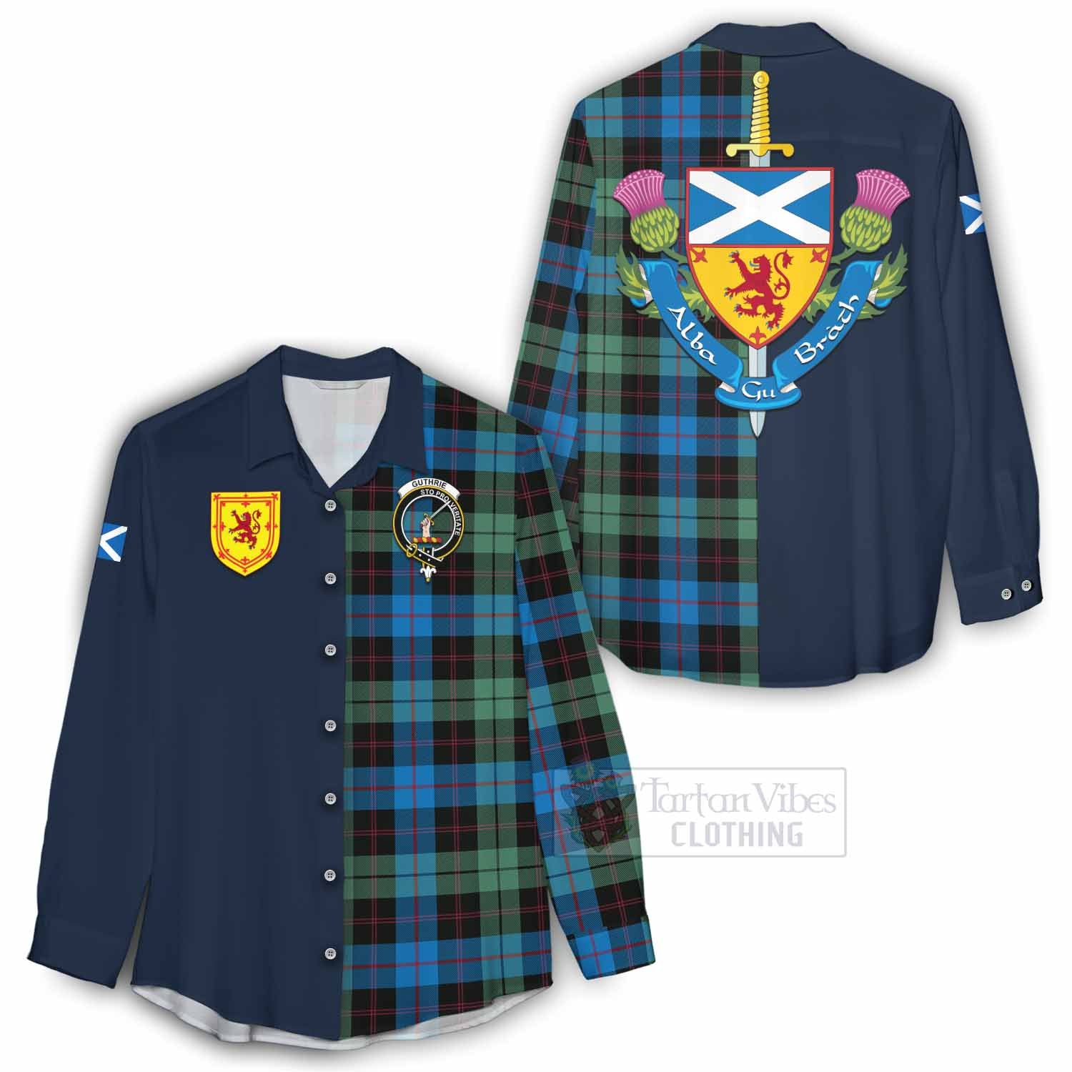 Tartan Vibes Clothing Guthrie Tartan Women's Casual Shirt Alba with Scottish Lion Royal Arm Half Style