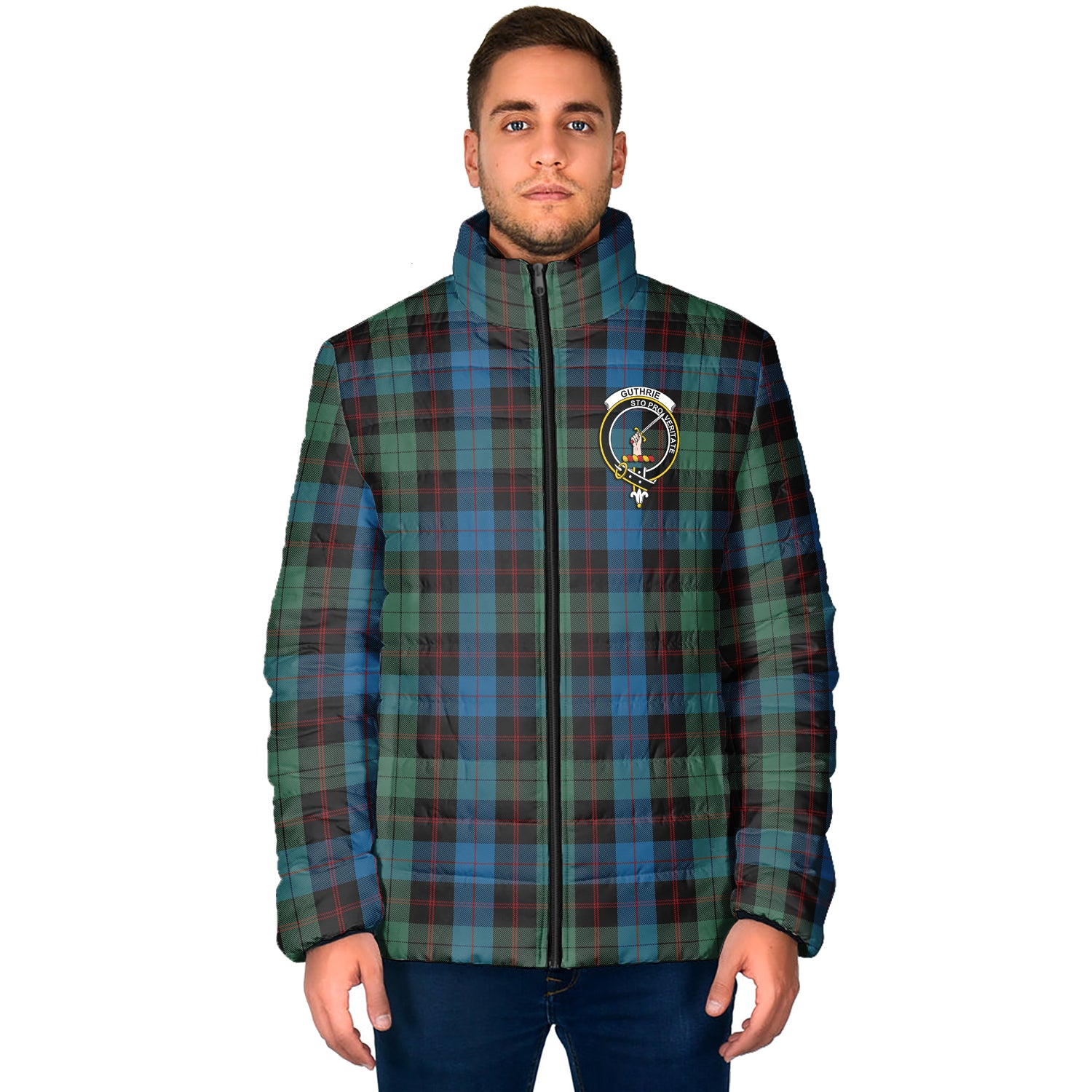 Guthrie Tartan Padded Jacket with Family Crest - Tartanvibesclothing