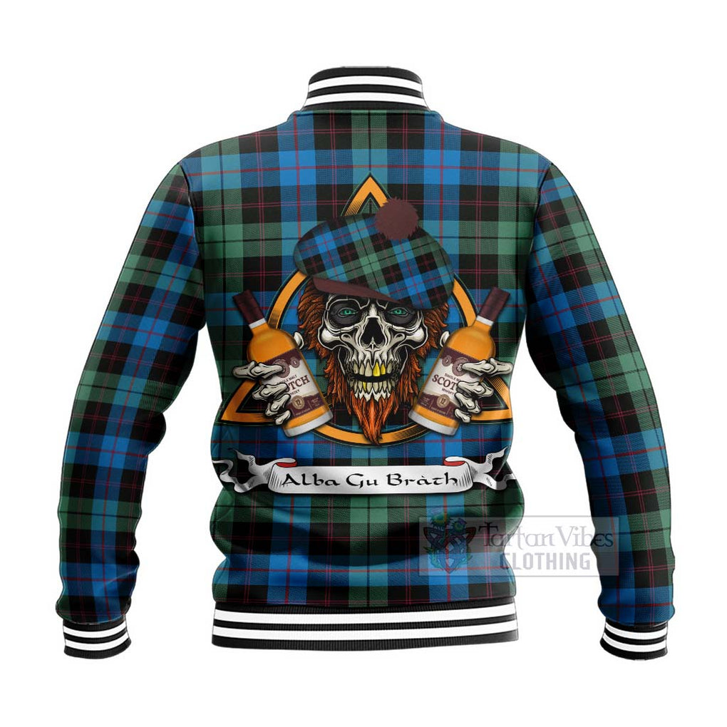 Tartan Vibes Clothing Guthrie Tartan Baseball Jacket with Family Crest and Bearded Skull Holding Bottles of Whiskey