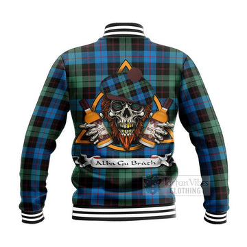 Guthrie Tartan Baseball Jacket with Family Crest and Bearded Skull Holding Bottles of Whiskey