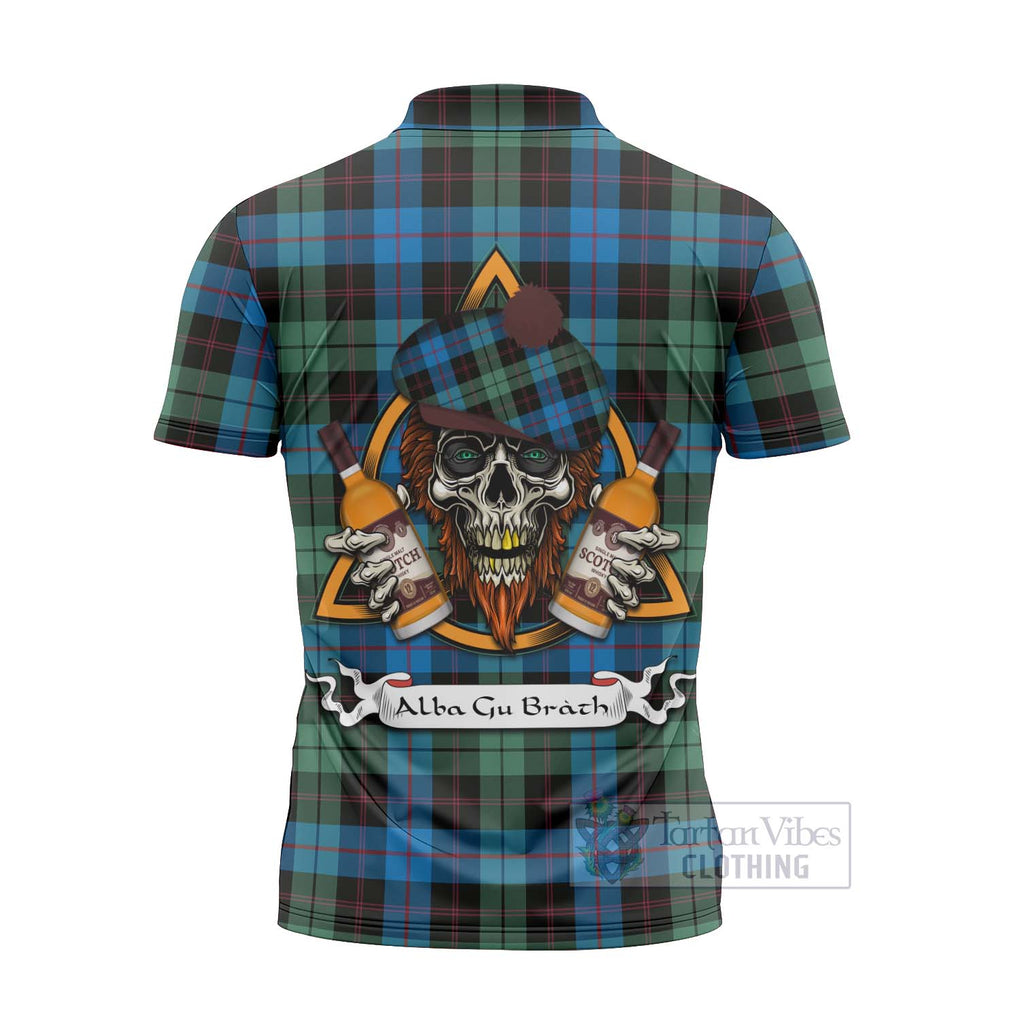 Tartan Vibes Clothing Guthrie Tartan Zipper Polo Shirt with Family Crest and Bearded Skull Holding Bottles of Whiskey