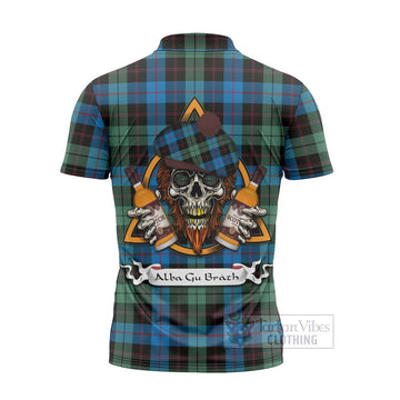 Guthrie Tartan Zipper Polo Shirt with Family Crest and Bearded Skull Holding Bottles of Whiskey