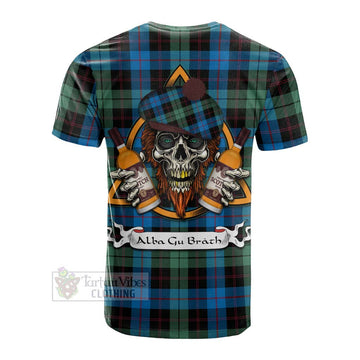 Guthrie Tartan Cotton T-shirt with Family Crest and Bearded Skull Holding Bottles of Whiskey