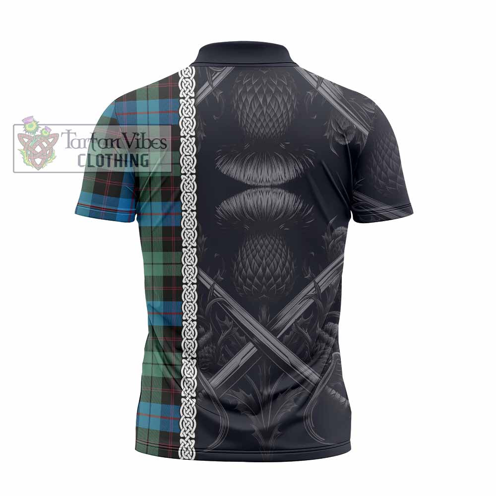 Tartan Vibes Clothing Guthrie Tartan Zipper Polo Shirt with Family Crest Cross Sword Thistle Celtic Vibes