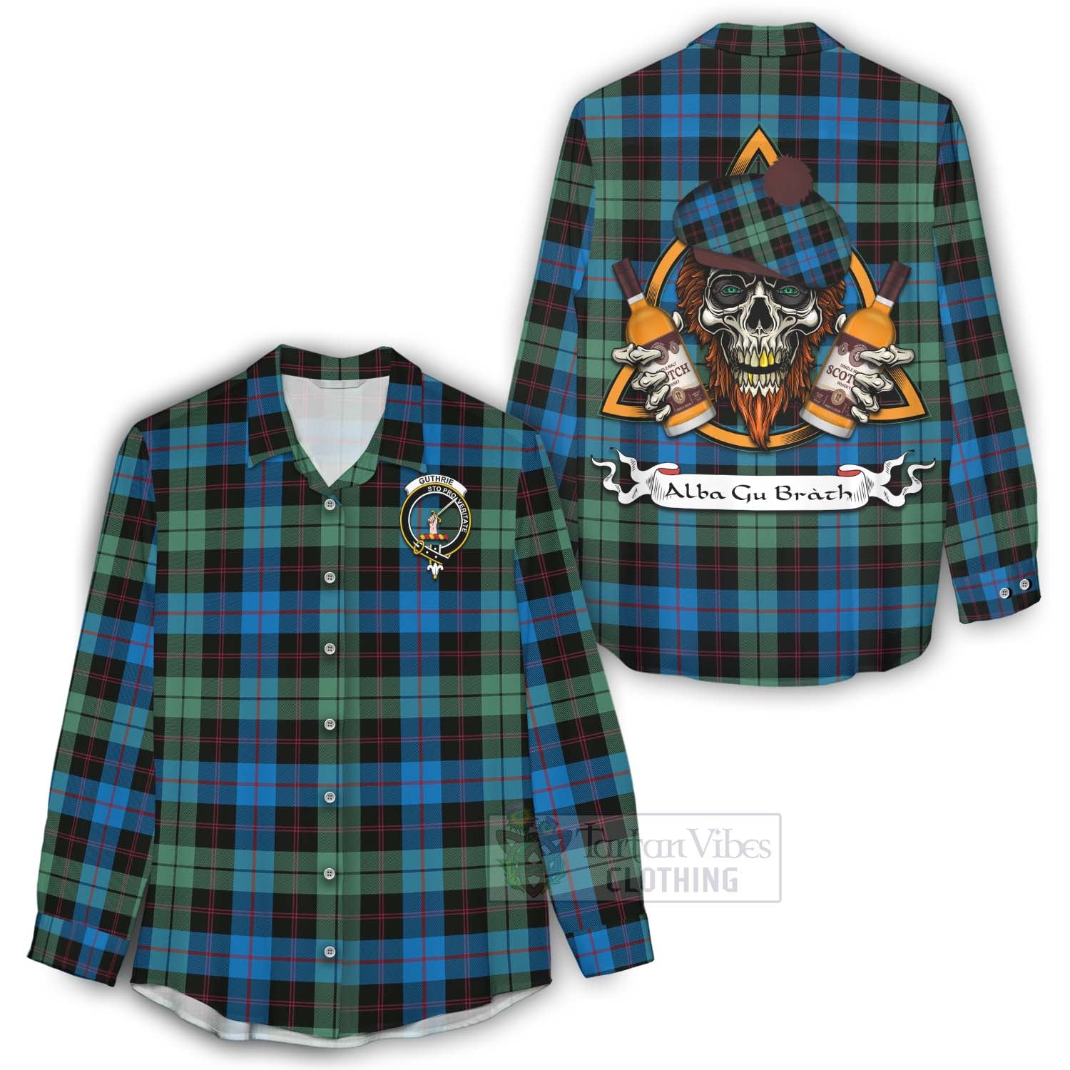 Tartan Vibes Clothing Guthrie Tartan Women's Casual Shirt with Family Crest and Bearded Skull Holding Bottles of Whiskey