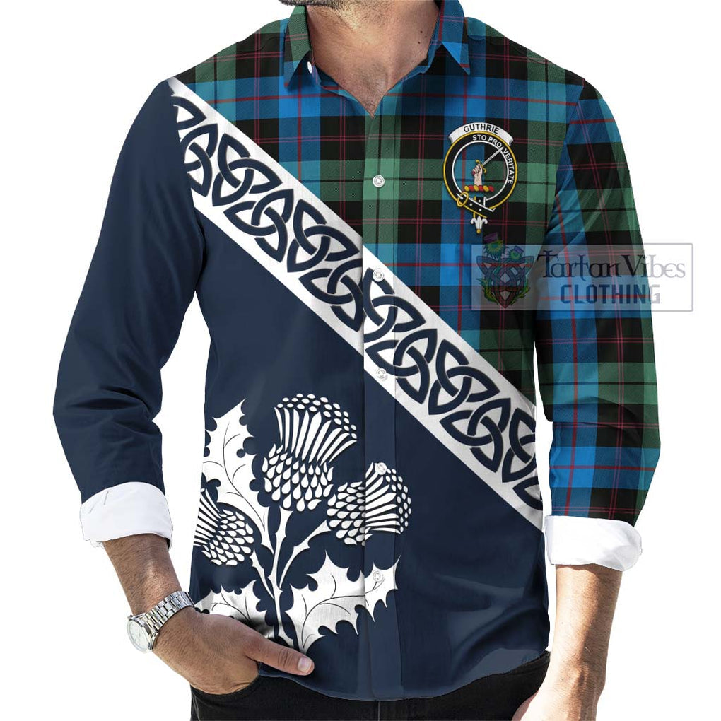 Tartan Vibes Clothing Guthrie Tartan Long Sleeve Button Shirt Featuring Thistle and Scotland Map