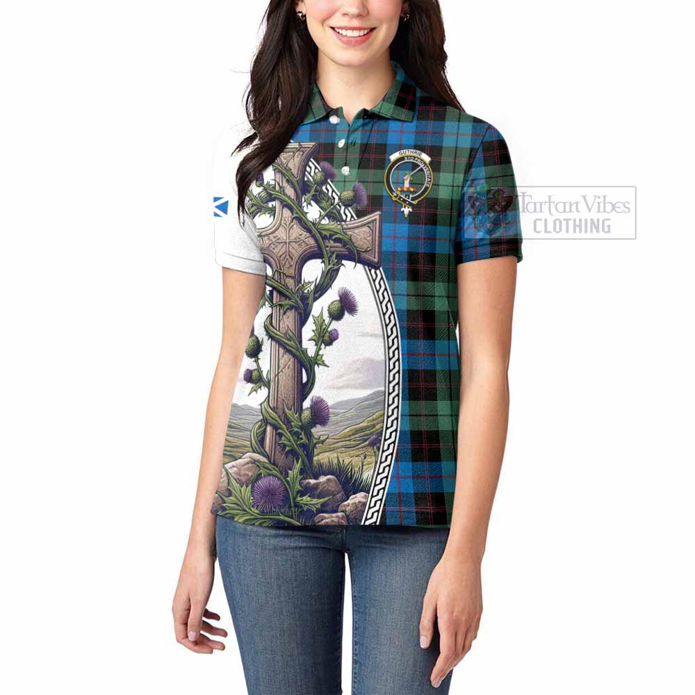 Tartan Vibes Clothing Guthrie Tartan Women's Polo Shirt with Family Crest and St. Andrew's Cross Accented by Thistle Vines