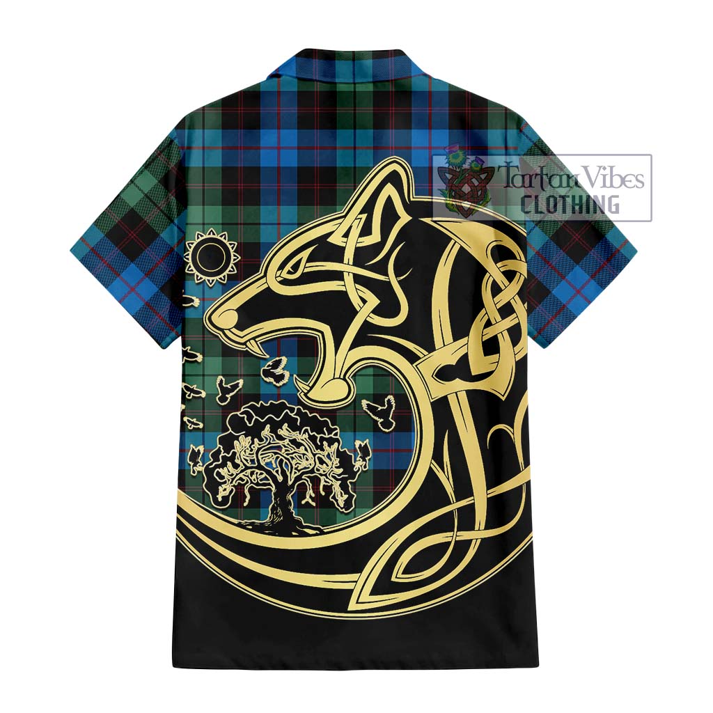 Tartan Vibes Clothing Guthrie Tartan Short Sleeve Button Shirt with Family Crest Celtic Wolf Style