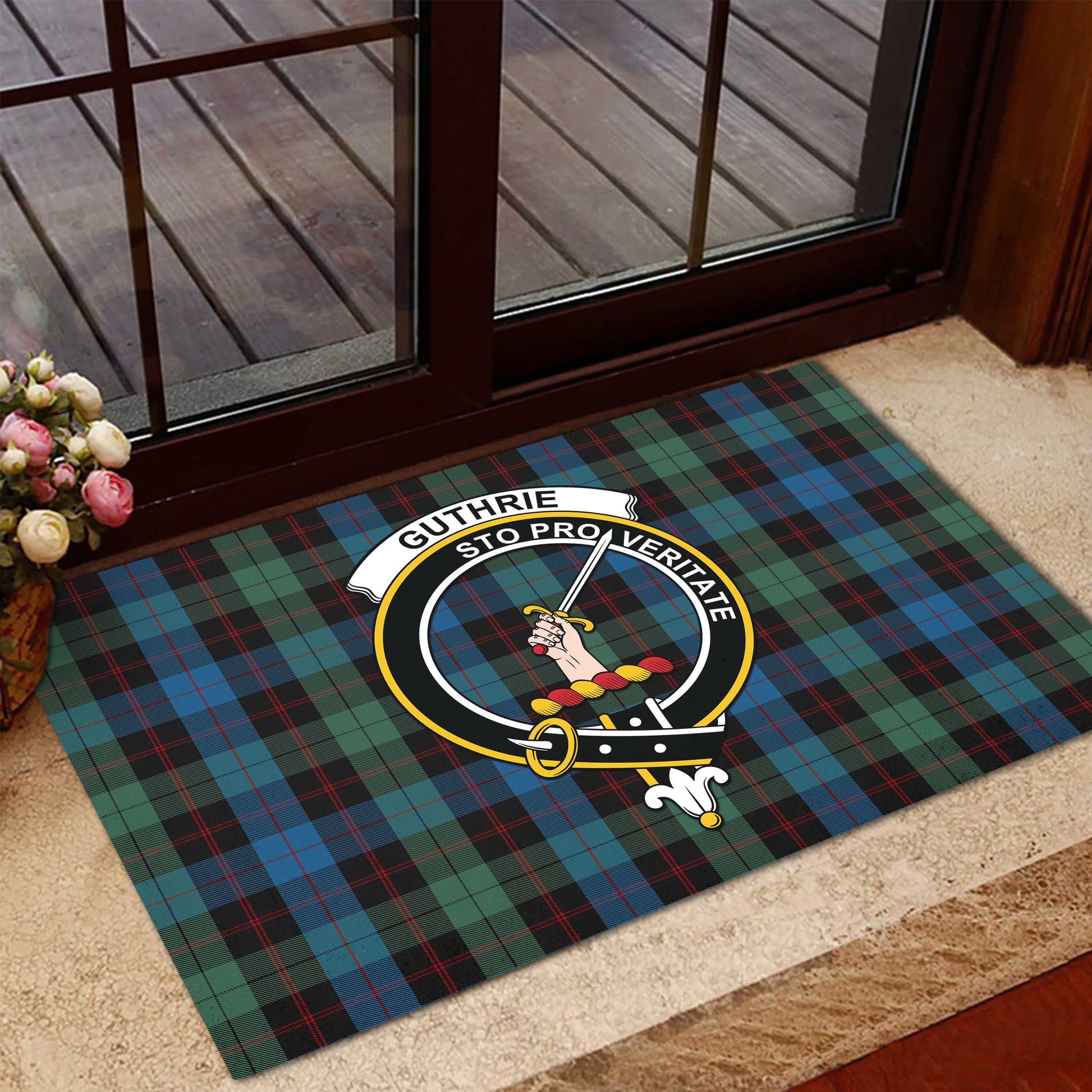 Guthrie Tartan Door Mat with Family Crest - Tartanvibesclothing