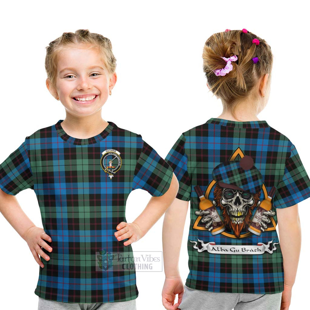 Tartan Vibes Clothing Guthrie Tartan Kid T-Shirt with Family Crest and Bearded Skull Holding Bottles of Whiskey