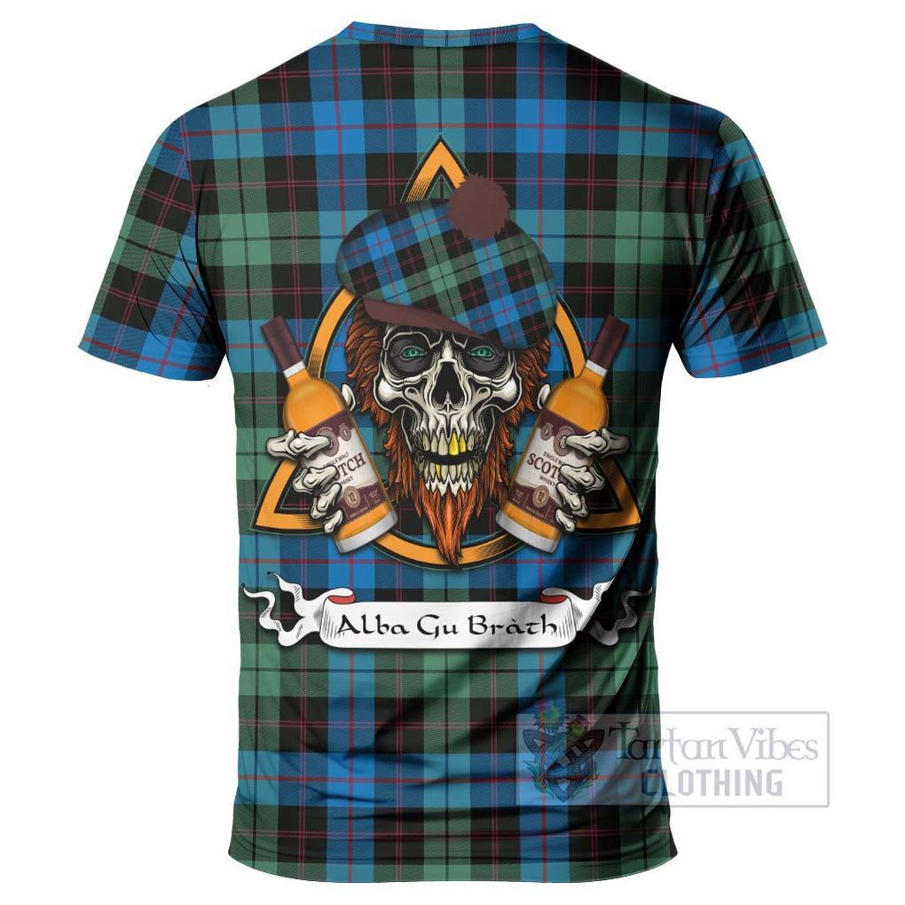 Tartan Vibes Clothing Guthrie Tartan T-Shirt with Family Crest and Bearded Skull Holding Bottles of Whiskey