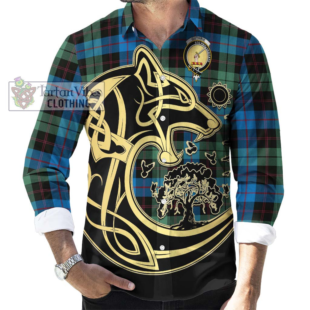 Guthrie Tartan Long Sleeve Button Shirt with Family Crest Celtic Wolf Style - Tartan Vibes Clothing