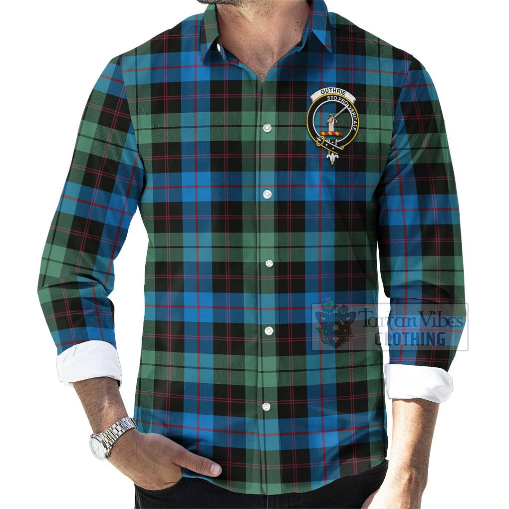 Tartan Vibes Clothing Guthrie Tartan Long Sleeve Button Shirt with Family Crest Celtic Skull Style