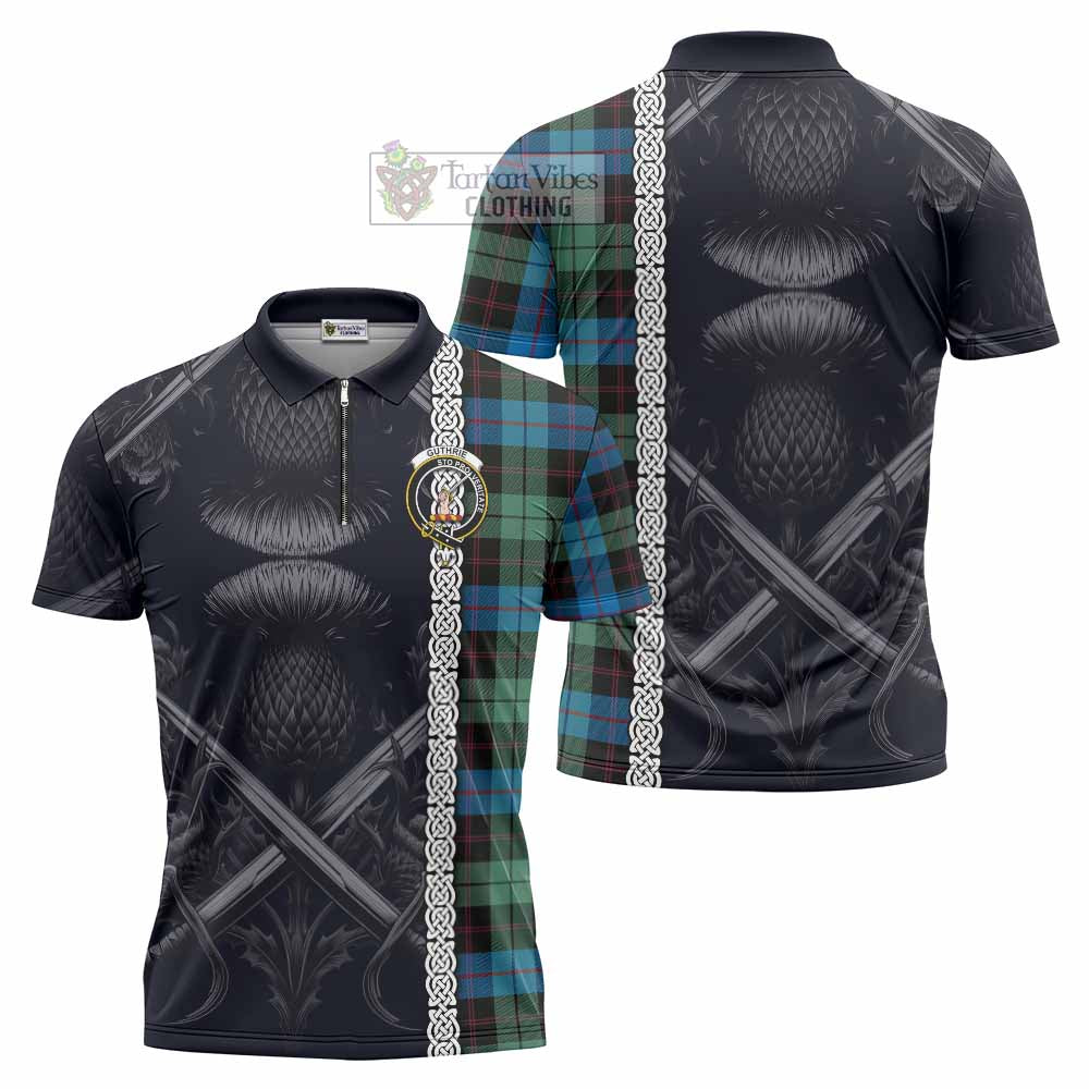 Tartan Vibes Clothing Guthrie Tartan Zipper Polo Shirt with Family Crest Cross Sword Thistle Celtic Vibes