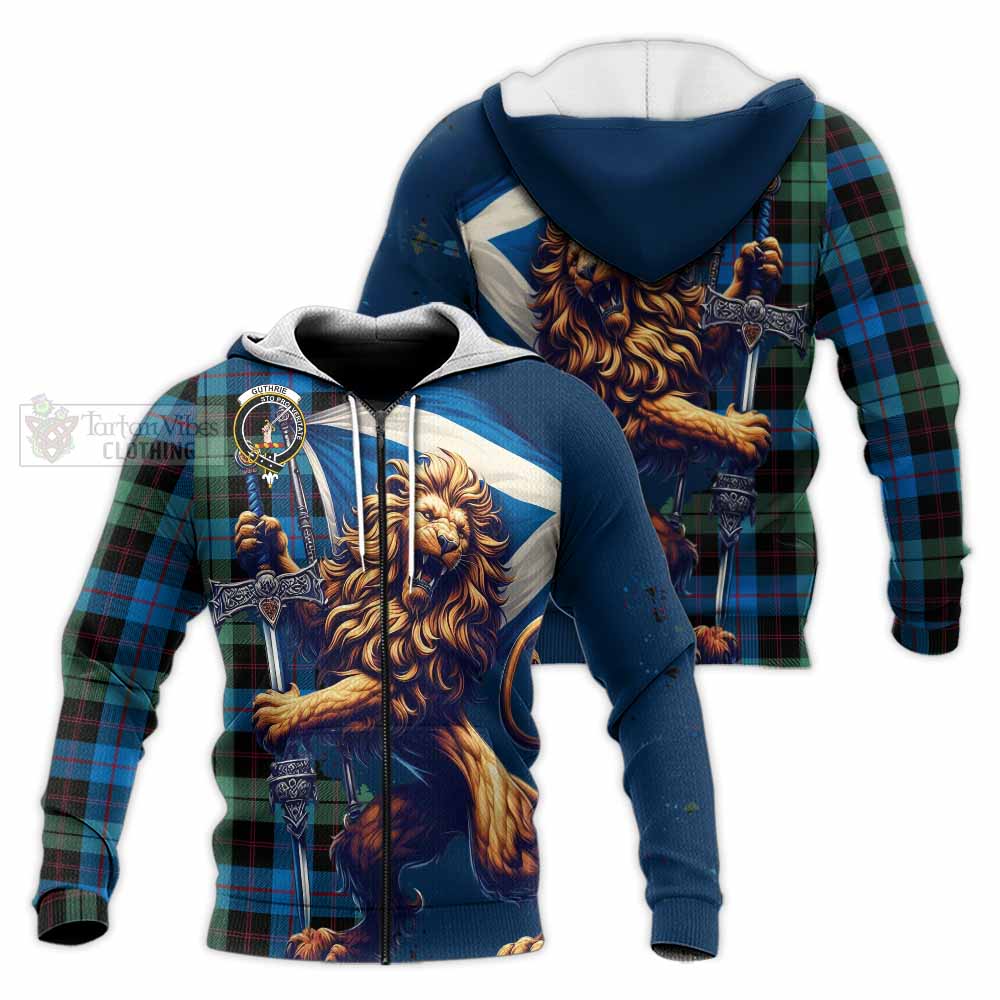 Tartan Vibes Clothing Guthrie Tartan Family Crest Knitted Hoodie with Scottish Majestic Lion