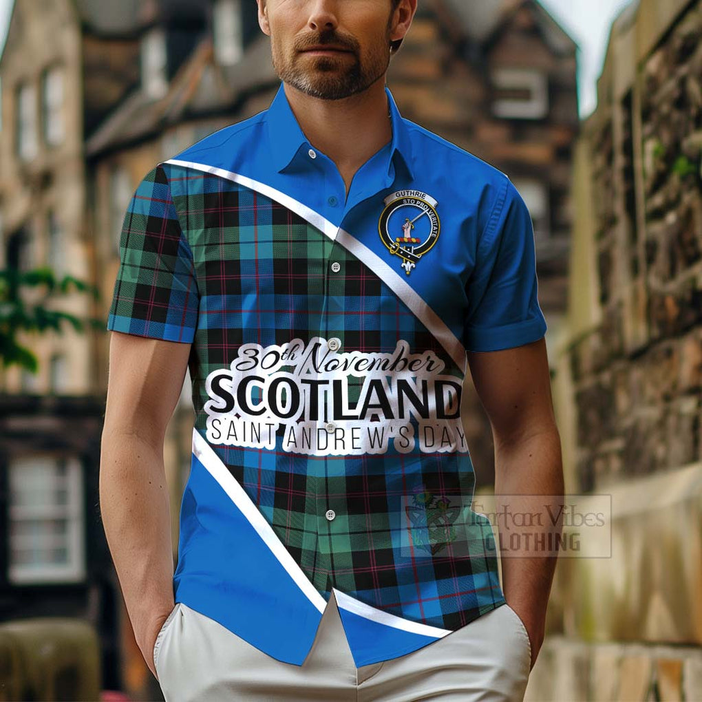 Tartan Vibes Clothing Guthrie Family Crest Tartan Short Sleeve Button Shirt Celebrate Saint Andrew's Day in Style