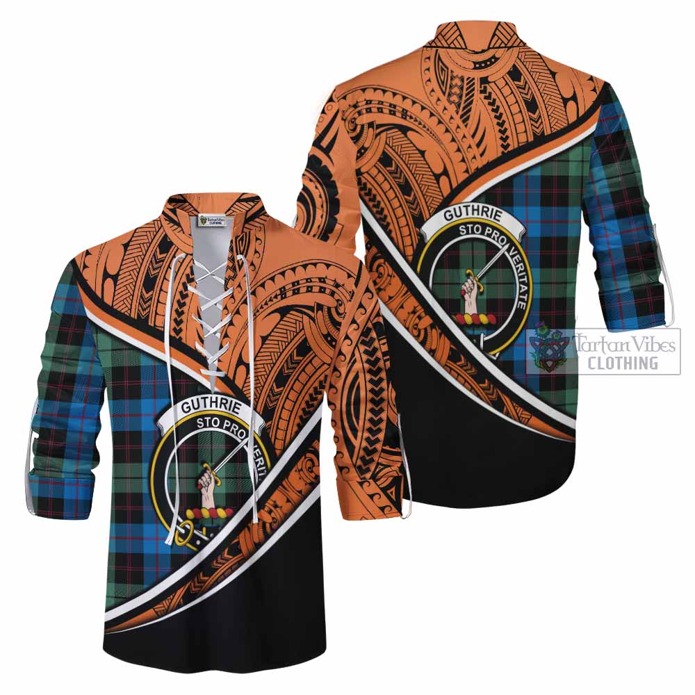 Tartan Vibes Clothing Guthrie Crest Tartan Ghillie Kilt Shirt with Maori Tattoo Style - Orange Version