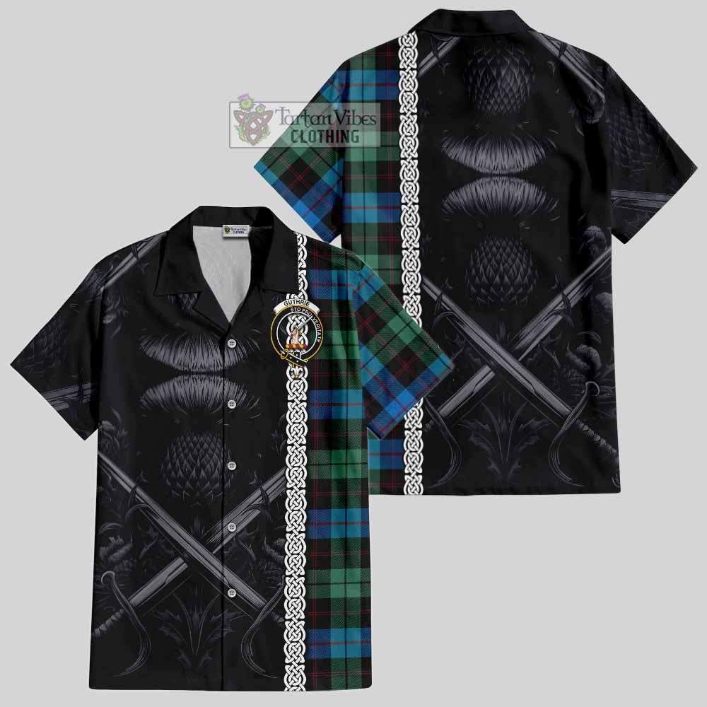 Tartan Vibes Clothing Guthrie Tartan Short Sleeve Button Shirt with Family Crest Cross Sword Thistle Celtic Vibes