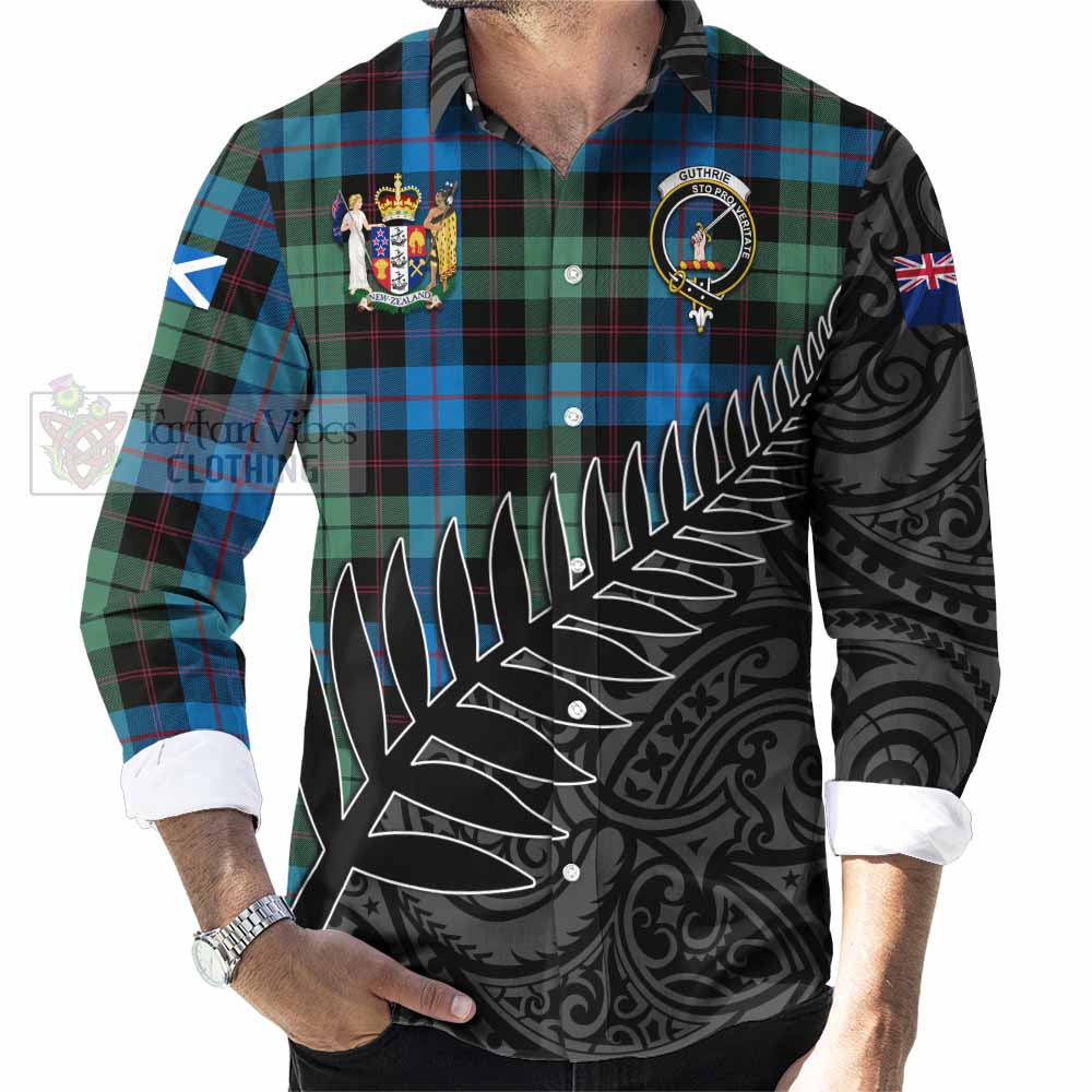 Tartan Vibes Clothing Guthrie Crest Tartan Long Sleeve Button Shirt with New Zealand Silver Fern Half Style