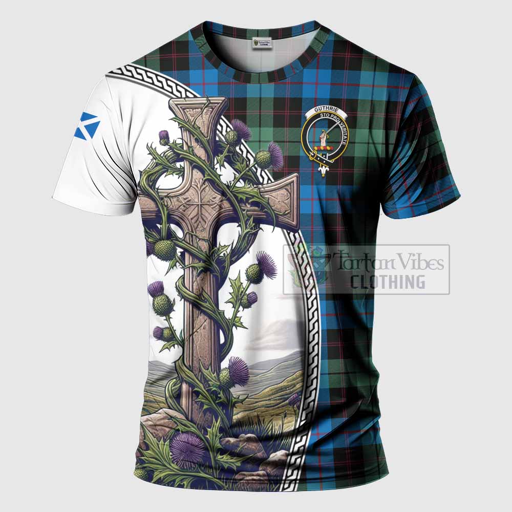 Tartan Vibes Clothing Guthrie Agnew Tartan T-Shirt with Family Crest and St. Andrew's Cross Accented by Thistle Vines