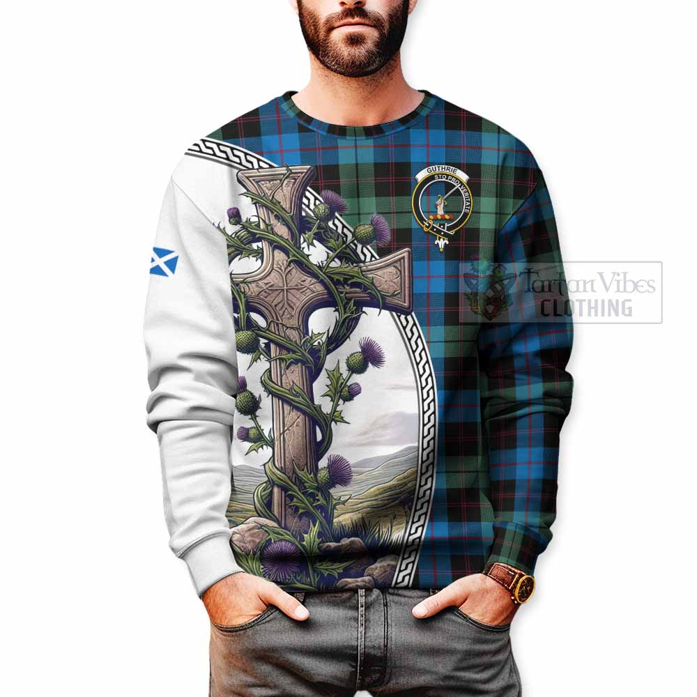 Tartan Vibes Clothing Guthrie Tartan Sweatshirt with Family Crest and St. Andrew's Cross Accented by Thistle Vines