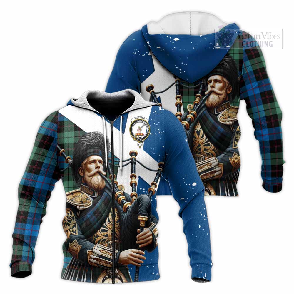 Tartan Vibes Clothing Guthrie Tartan Knitted Hoodie with Family Crest Scottish Bagpiper Vibes