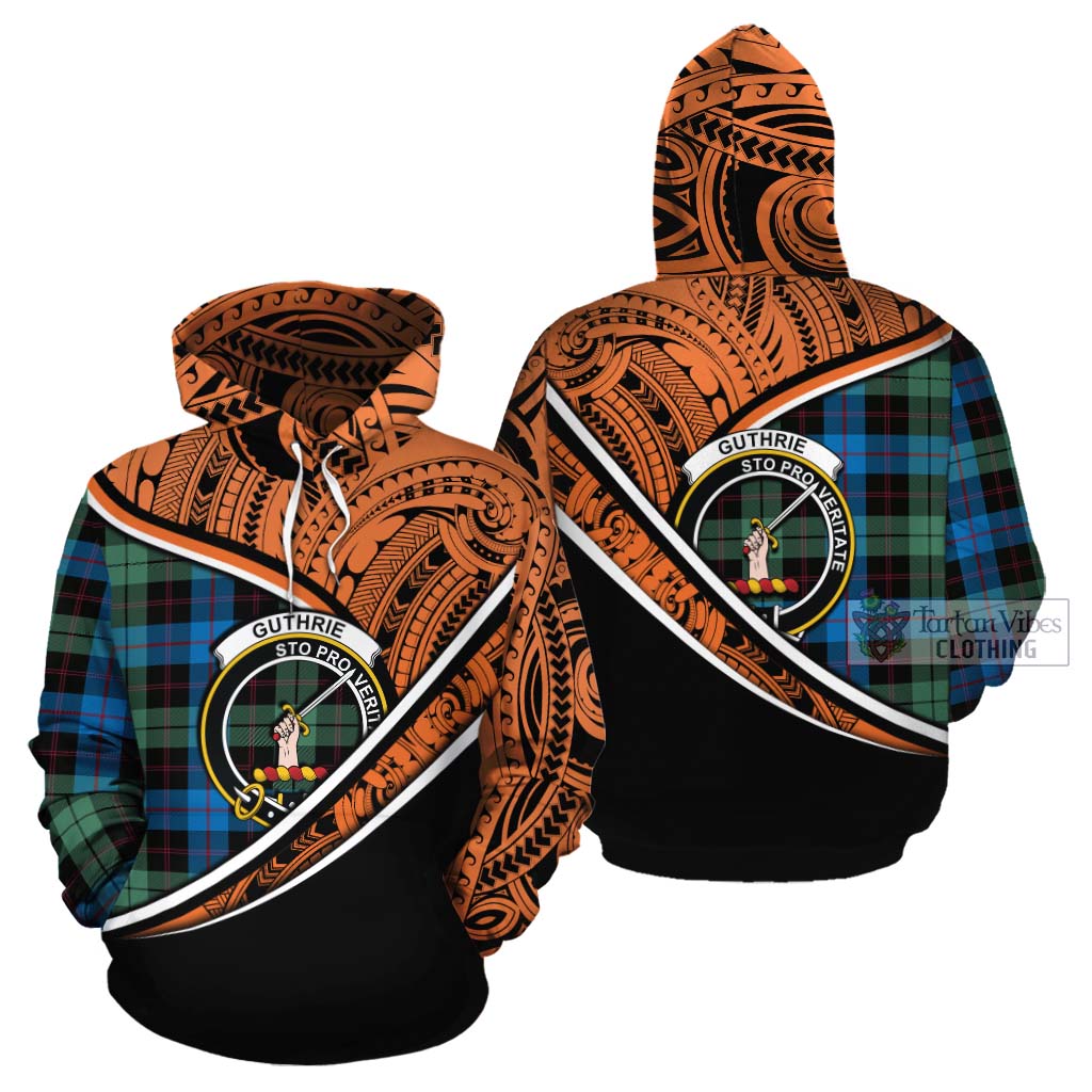 Tartan Vibes Clothing Guthrie Crest Tartan Cotton Hoodie with Maori Tattoo Style - Orange Version