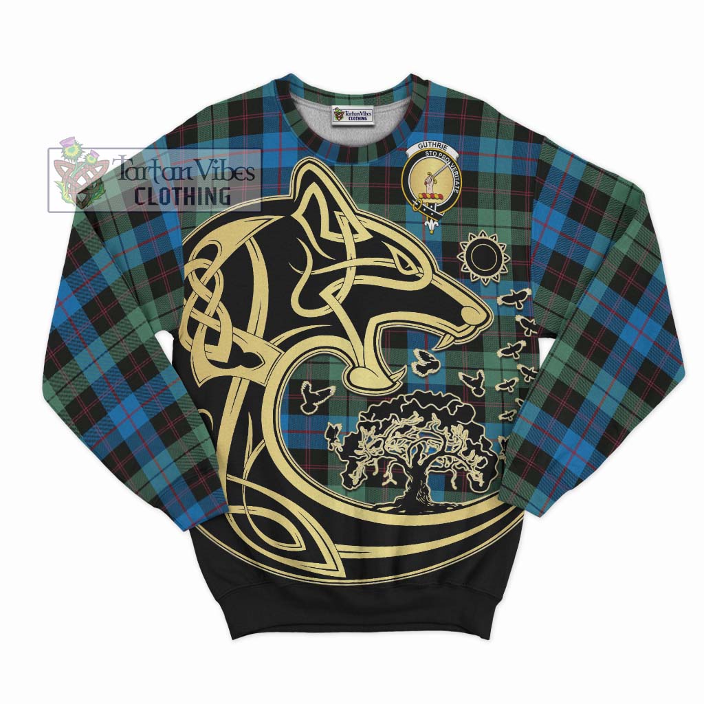 Tartan Vibes Clothing Guthrie Tartan Sweatshirt with Family Crest Celtic Wolf Style