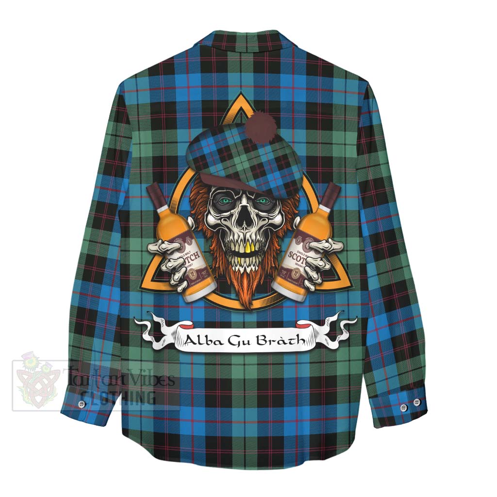 Tartan Vibes Clothing Guthrie Tartan Women's Casual Shirt with Family Crest and Bearded Skull Holding Bottles of Whiskey