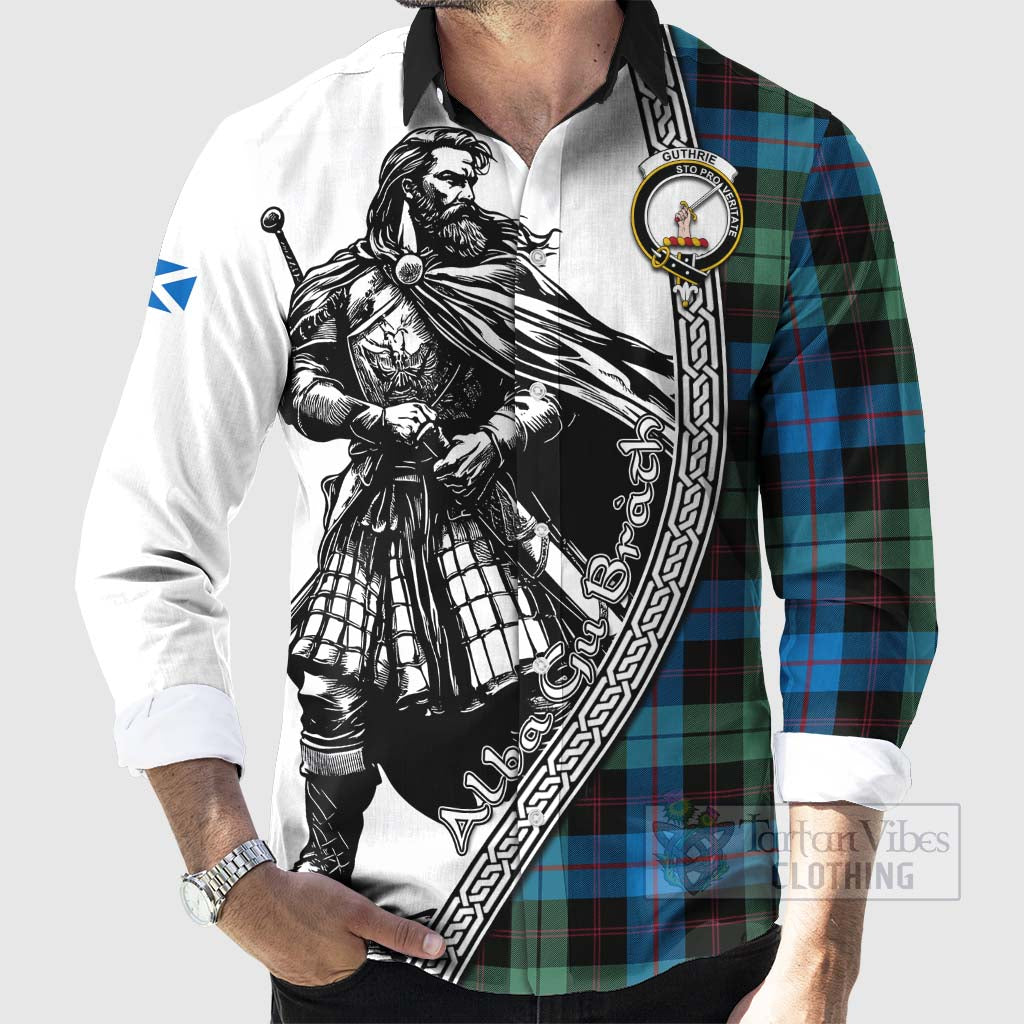 Tartan Vibes Clothing Guthrie Tartan Clan Crest Long Sleeve Button Shirt with Highlander Warrior Celtic Style